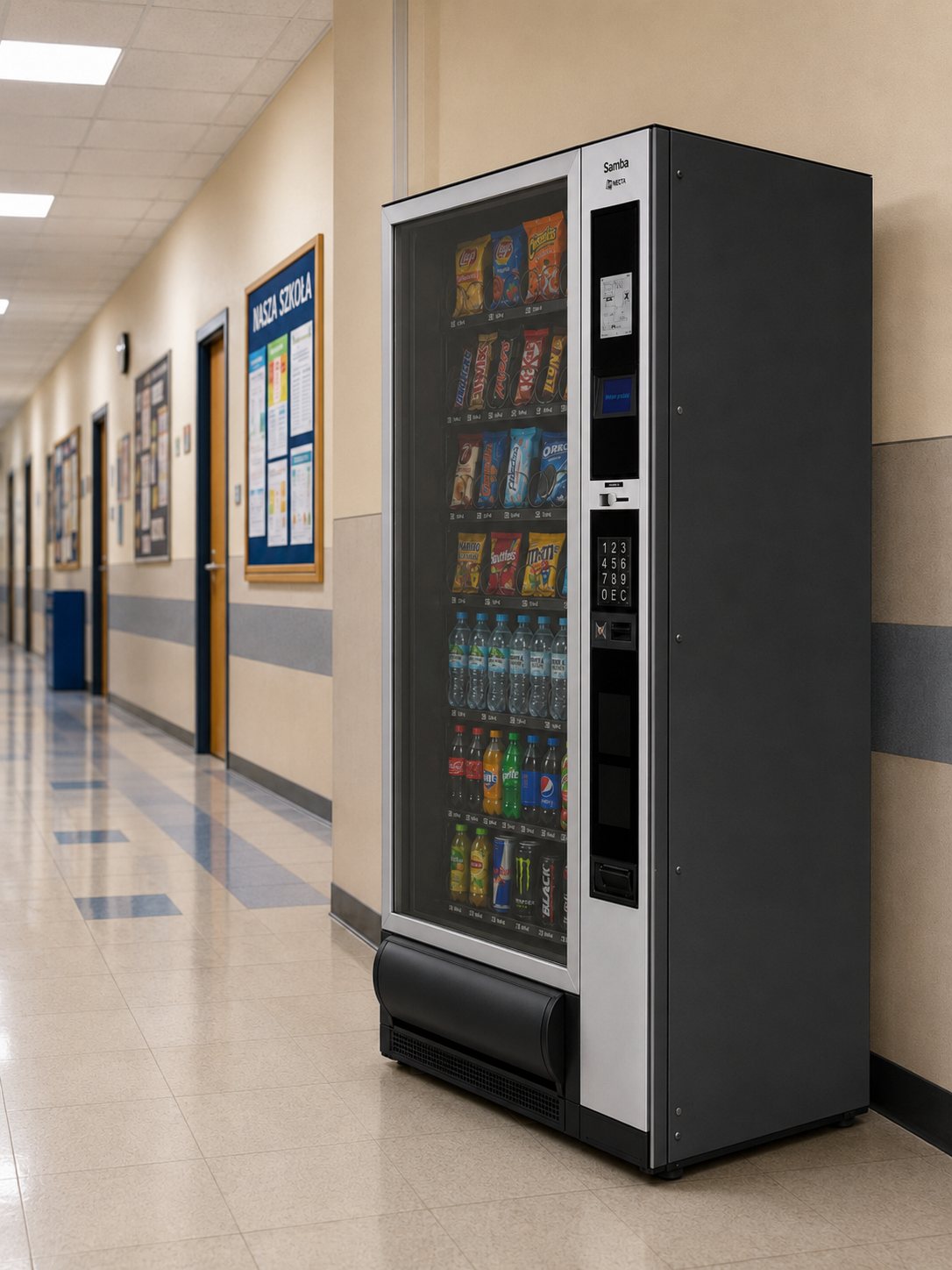 Automat vendingowy z przekąskami i napojami na szkolnym korytarzu