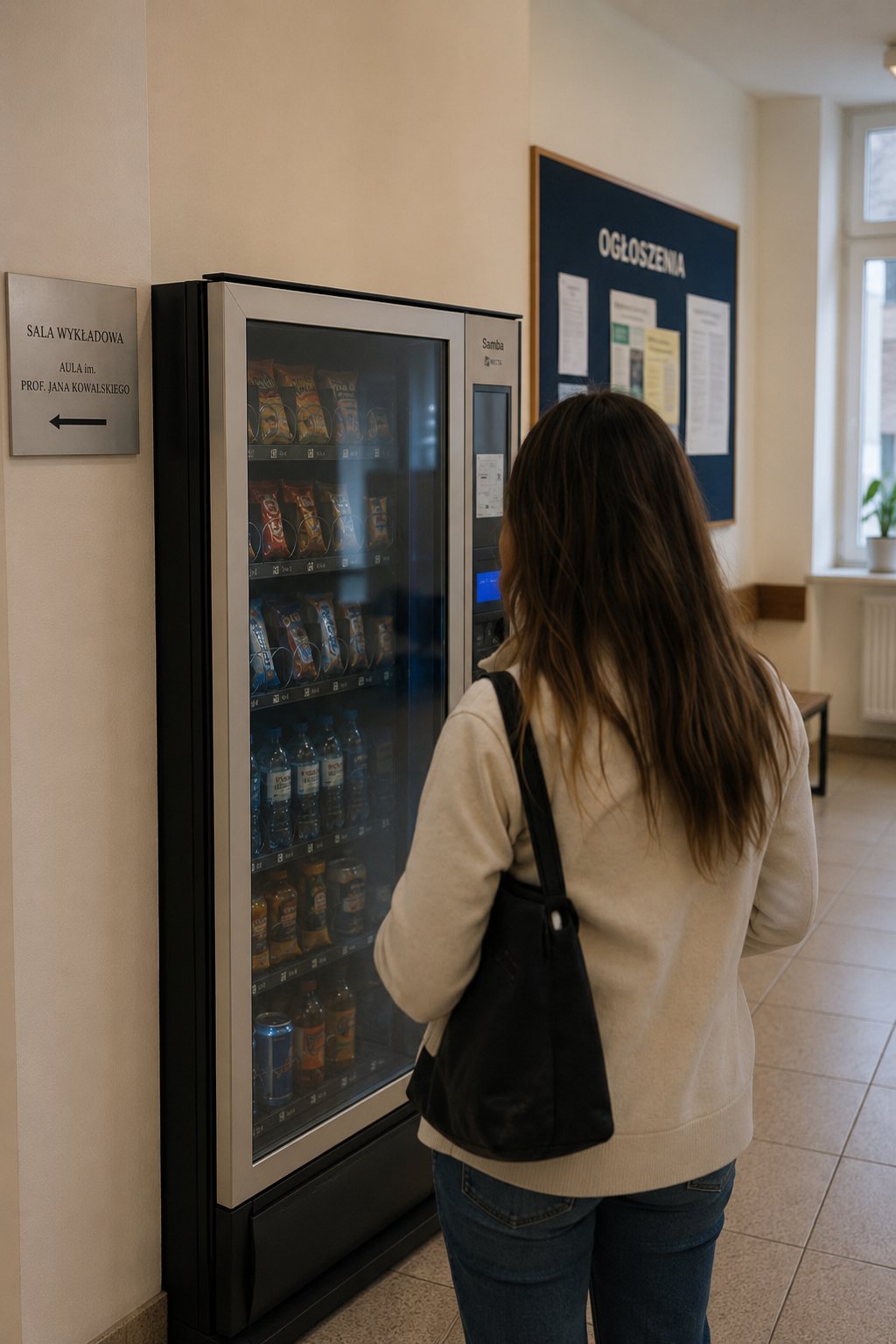 Osoba wybierająca produkt z automatu vendingowego w szkole